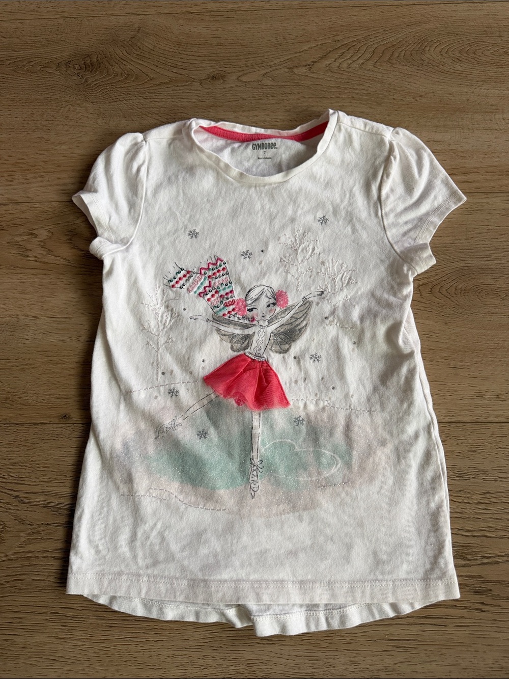 Gymboree White Short-Sleeve Ballet Fairy Tee with Pink Skirt Detail 7 years
